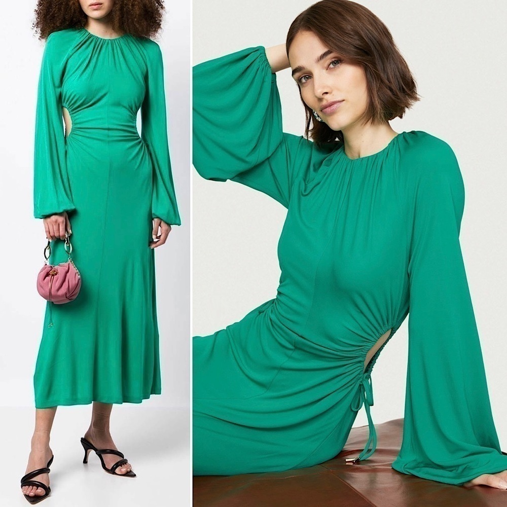 REBECCA VALLANCE 70s Ruched Tie Waist Cutout Long Bell Sleeve Disco Midi Dress 8